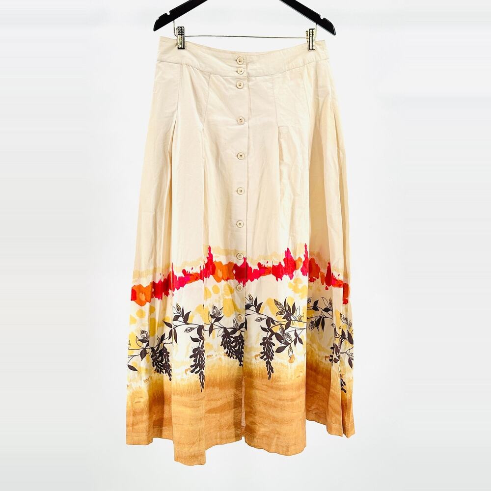 Retro Cream Red Water Color Floral Boho Print Maxi Skirt
